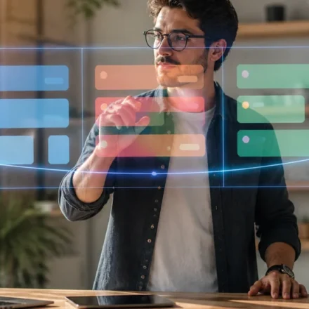 Solopreneur managing kanban board with floating holographic project cards at modern desk, 2026 productivity tools comparison, CriticNest review