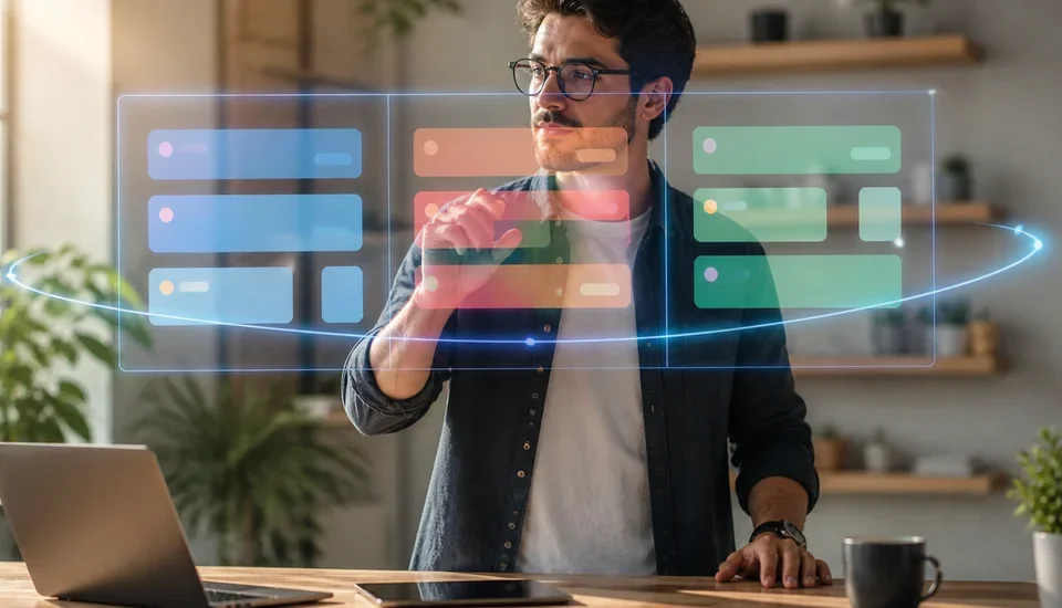 Solopreneur managing kanban board with floating holographic project cards at modern desk, 2026 productivity tools comparison, CriticNest review