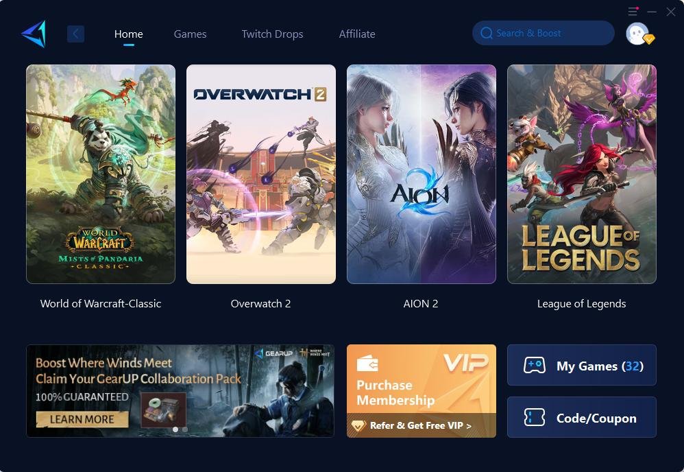 GearUP Booster home screen showing supported games including World of Warcraft, Overwatch 2, AION 2, and League of Legends
