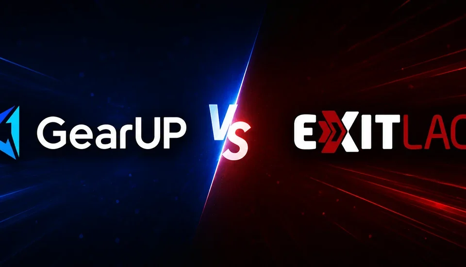 GearUP vs ExitLag head-to-head comparison banner with the GearUP brand logo on the blue side and the ExitLag brand logo on the red side, separated by a VS marker, for the CriticNest 2026 ping reducer comparison