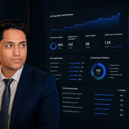 Ashikur Rahman beside an AI Overview performance dashboard showing rising visibility, mentions, and traffic from AI Overviews on a law firm client site, illustrating how to rank in AI Overviews per Google's 2026 SEO guide