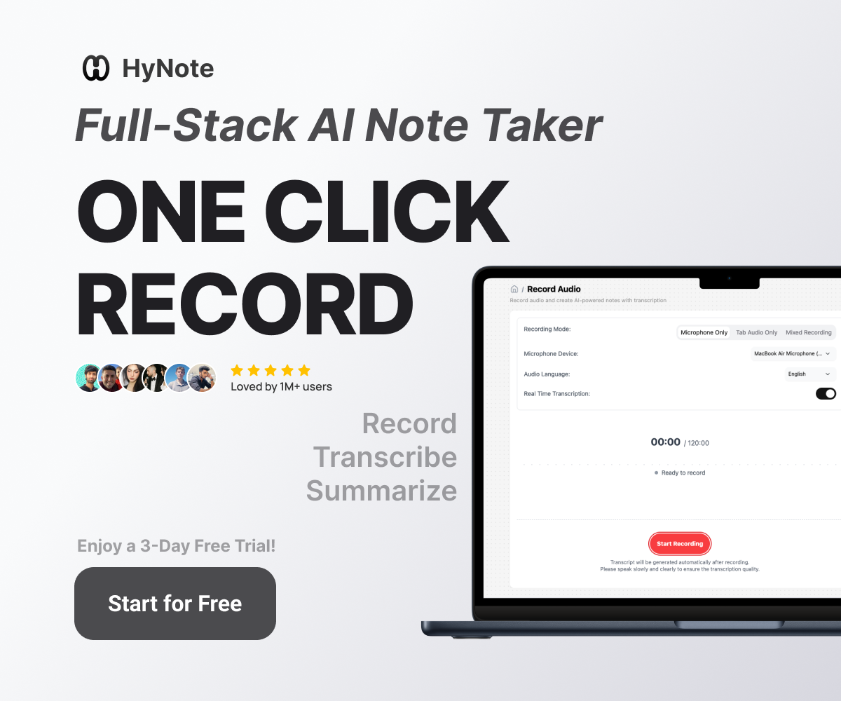 HyNote AI One-Click Record feature shown on web app and mobile interfaces capturing live audio