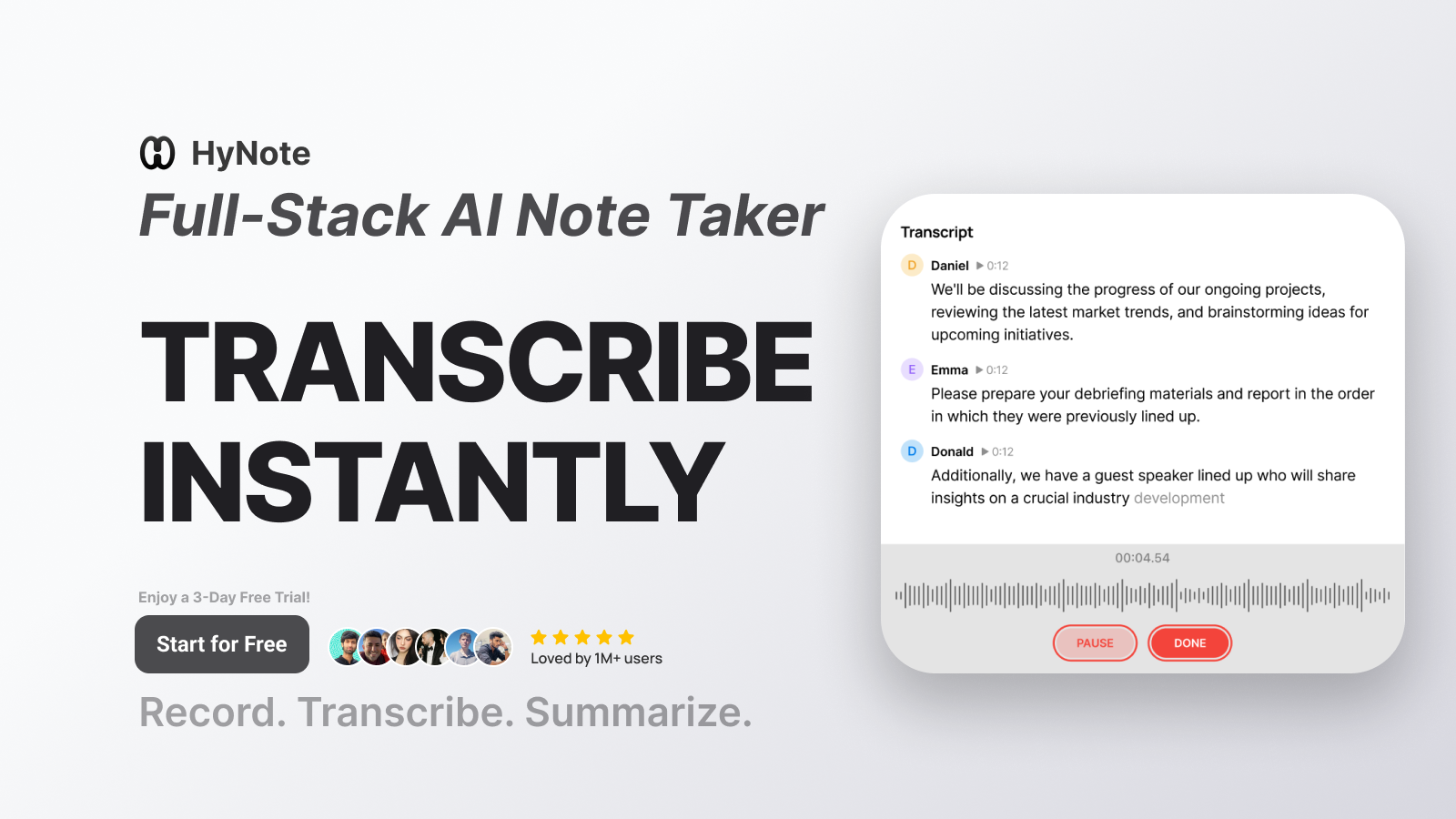 HyNote AI Transcribe Instantly feature converting live audio to searchable structured text in real time