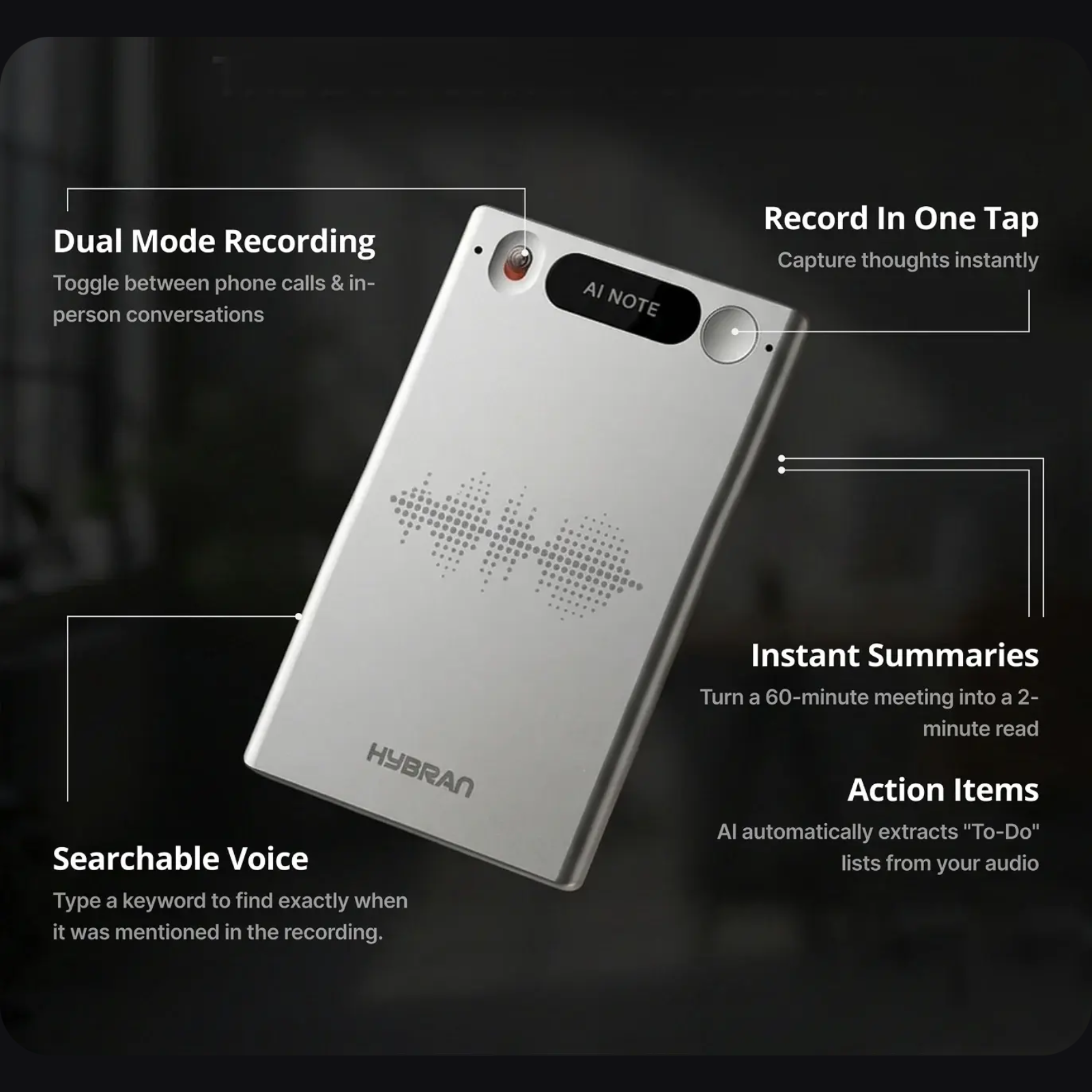 HyNote AI Voice Recorder hardware in black and white finishes alongside the HyNote AI app interface