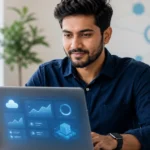 Cloudways 2026 review featured image showing a focused web developer evaluating a managed cloud hosting dashboard on a laptop in a bright minimal home office
