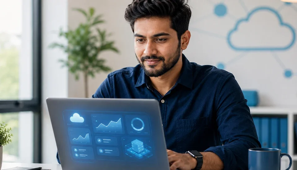 Cloudways 2026 review featured image showing a focused web developer evaluating a managed cloud hosting dashboard on a laptop in a bright minimal home office