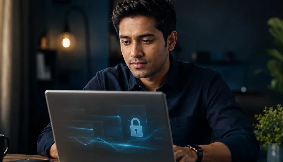hide.me VPN 2026 review featured image showing a focused user evaluating the audited no-logs VPN service on a laptop with a privacy padlock interface