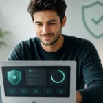 MacKeeper 2026 review featured image showing a reassured Mac user reviewing a clean security and cleanup dashboard on a laptop in a bright minimal home office