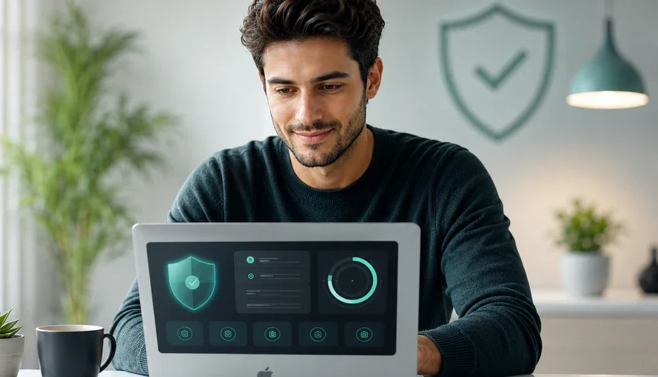 MacKeeper 2026 review featured image showing a reassured Mac user reviewing a clean security and cleanup dashboard on a laptop in a bright minimal home office