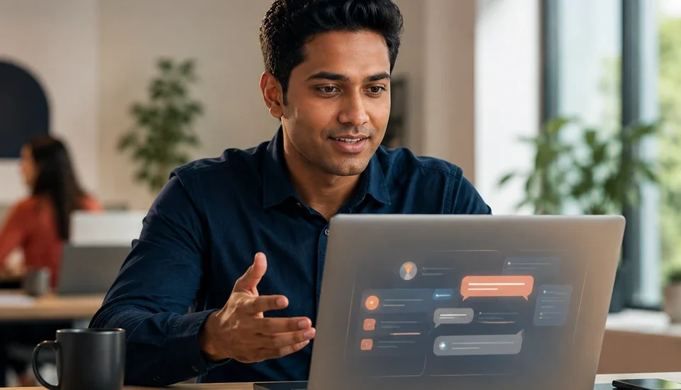 Troop Messenger 2026 review featured image showing a focused product manager evaluating the Slack alternative team messenger on a laptop in a bright collaborative workspace