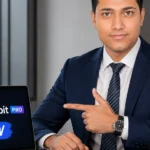 Thunderbit Pro Review tested in a modern office workspace, professional pointing at laptop dashboard