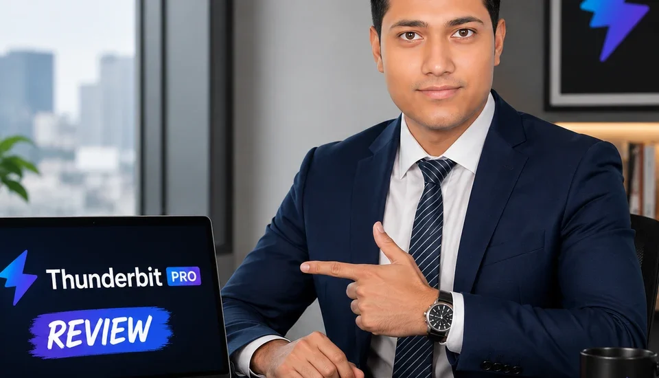 Thunderbit Pro Review tested in a modern office workspace, professional pointing at laptop dashboard