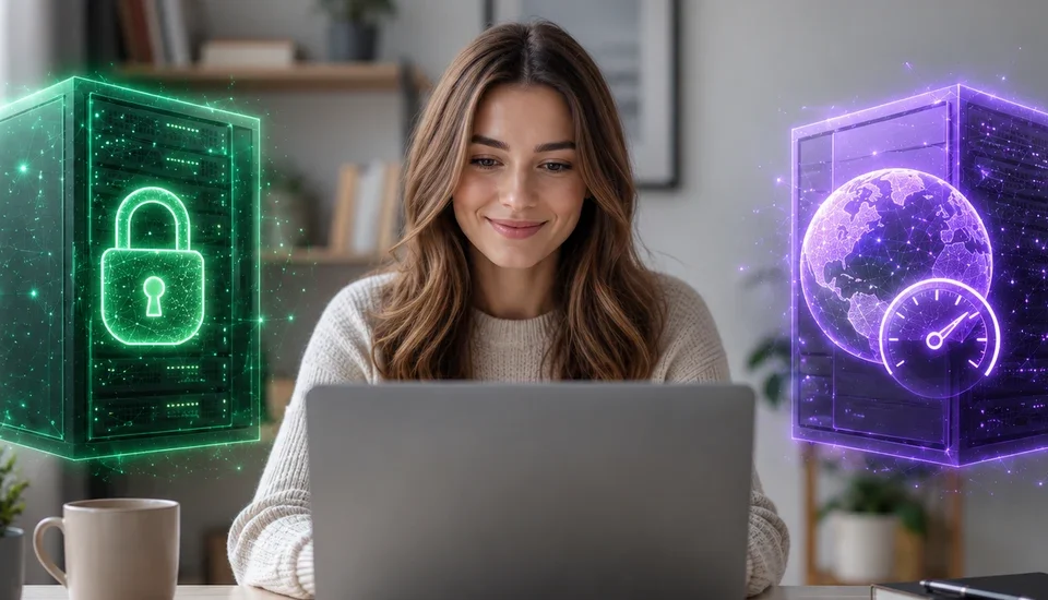 InterServer vs Hostinger web hosting comparison, shown as a green InterServer server panel and a purple Hostinger server panel beside a woman working at a laptop.