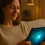 F-Secure 2026 review featured image showing a reassured woman relaxing on a sofa reviewing a clean security dashboard on a tablet in a warm Scandinavian living room