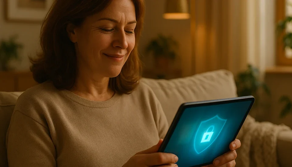 F-Secure 2026 review featured image showing a reassured woman relaxing on a sofa reviewing a clean security dashboard on a tablet in a warm Scandinavian living room