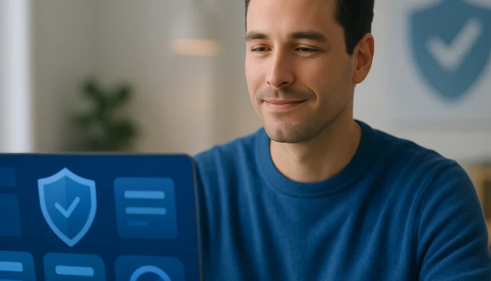 Malwarebytes 2026 review featured image showing a reassured person reviewing a clean security dashboard on a laptop in a bright minimal home office