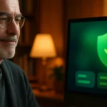 VIPRE 2026 review featured image showing a reassured older man in a home study reviewing a clean security dashboard on a desktop monitor