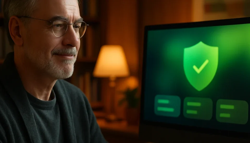 VIPRE 2026 review featured image showing a reassured older man in a home study reviewing a clean security dashboard on a desktop monitor