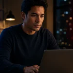Malwarebytes vs Bitdefender antivirus comparison, shown as a blue checkmark shield and a red lock shield beside a man working at a laptop in an evening office.