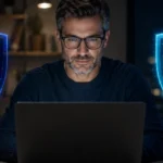 Malwarebytes vs F-Secure 2026: Which Antivirus Wins Malwarebytes vs F-Secure antivirus comparison, shown as a navy blue shield and a cyan blue shield beside a man working at a laptop in an evening office.