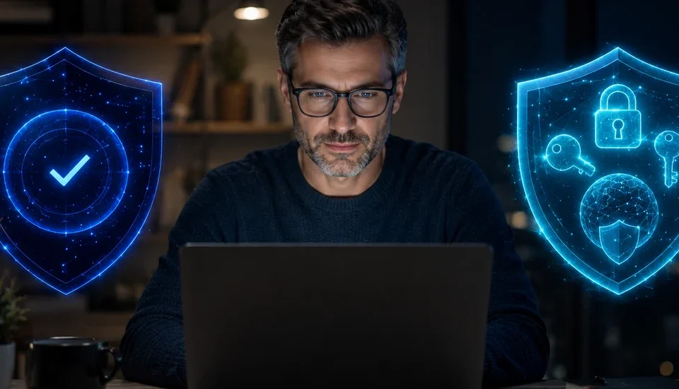 Malwarebytes vs F-Secure antivirus comparison, shown as a navy blue shield and a cyan blue shield beside a man working at a laptop in an evening office.
