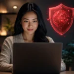 NordVPN vs hide.me 2026: Which VPN Wins NordVPN vs ExpressVPN vs Surfshark comparison, shown as blue, red, and teal glowing VPN globe shields around a woman working at a laptop in a night home office.