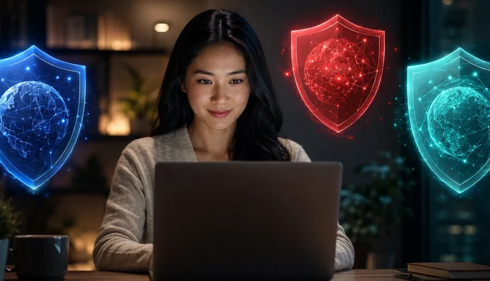 NordVPN vs ExpressVPN vs Surfshark comparison, shown as blue, red, and teal glowing VPN globe shields around a woman working at a laptop in a night home office.