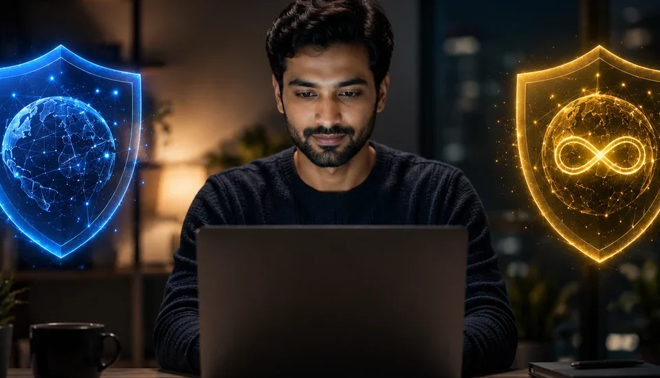 NordVPN vs hide.me VPN comparison, shown as a blue NordVPN shield and a yellow hide.me shield beside a man working at a laptop in an evening home office.
