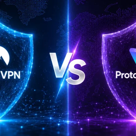 NordVPN versus ProtonVPN comparison with two glowing shields, blue for NordVPN and purple for ProtonVPN