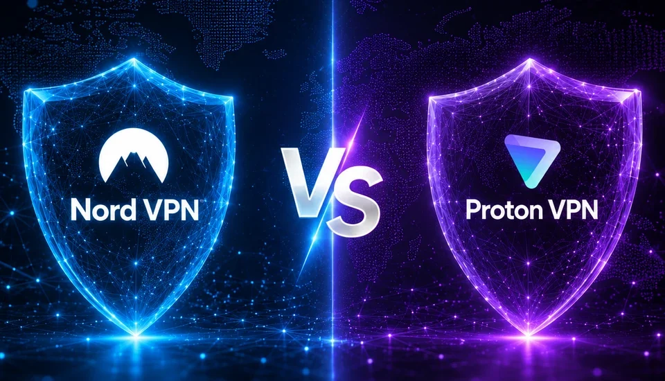 NordVPN versus ProtonVPN comparison with two glowing shields, blue for NordVPN and purple for ProtonVPN