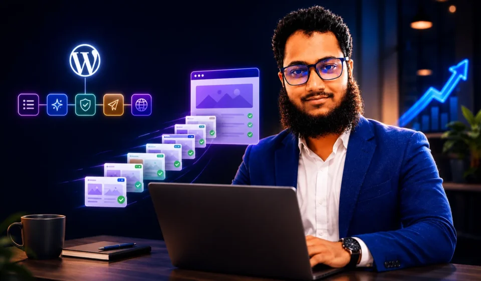 SEO operator at a laptop publishing a stream of validated WordPress posts with Claude Code, shown as content cards with green checkmarks flowing through a pipeline into a WordPress site