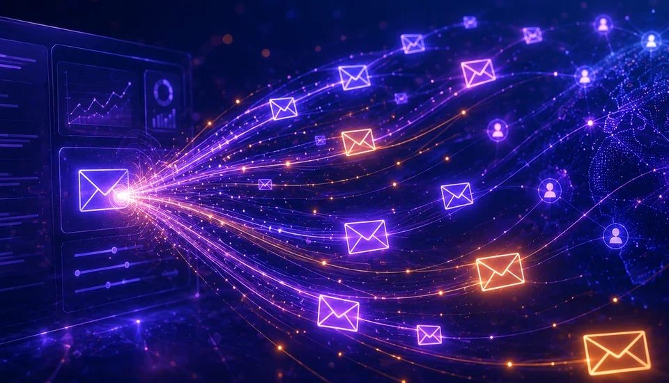 Glowing email envelopes fanning out from a marketing dashboard, representing the best email marketing software in 2026
