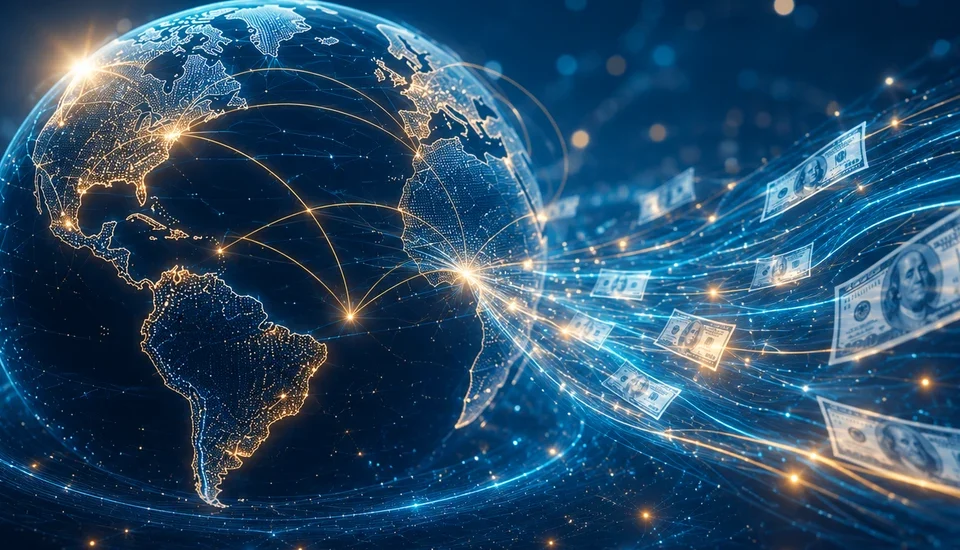 Glowing globe with golden connection arcs representing the best ways to send money internationally in 2026