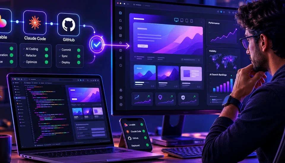 Developer at a desk watching a Lovable, Claude Code, and GitHub workflow build a website on screen