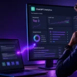 How Do You Get Your Business Cited in ChatGPT? Business owner viewing a ChatGPT analytics dashboard showing a Top 3 visibility ranking