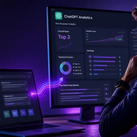 Business owner viewing a ChatGPT analytics dashboard showing a Top 3 visibility ranking