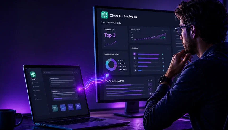 Business owner viewing a ChatGPT analytics dashboard showing a Top 3 visibility ranking