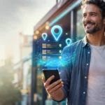 How Do You Get Your Business Cited in ChatGPT? Local business owner outside his storefront holding a phone with glowing Google Maps location pins and review listings floating above it