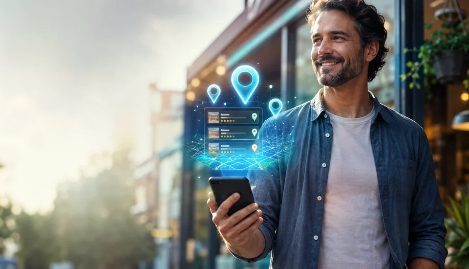Local business owner outside his storefront holding a phone with glowing Google Maps location pins and review listings floating above it