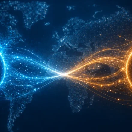 Wise and Payoneer compared as glowing blue and orange nodes linked across a world map, 2026