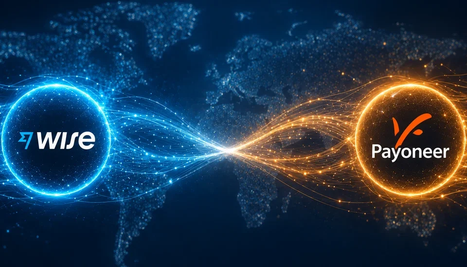 Wise and Payoneer compared as glowing blue and orange nodes linked across a world map, 2026
