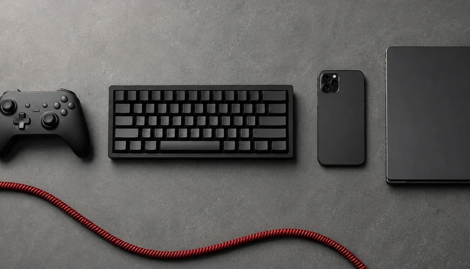 Top-down flat lay of a console controller, mechanical keyboard, phone and laptop edge on a slate desk with a coiled red cable
