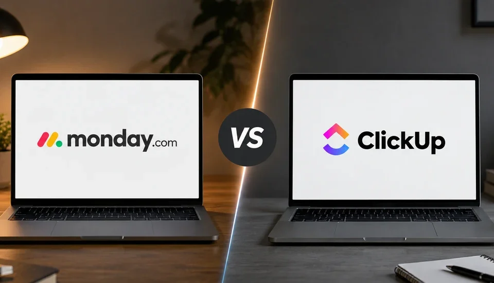Two open laptops facing each other on a desk split into warm and cool halves, the left screen showing the monday.com logo and the right screen showing the ClickUp logo, separated by a VS badge.
