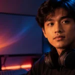 A young gamer with a headset around his neck sits at a night-time gaming desk, an ultrawide monitor and coral and blue ambient lighting behind him