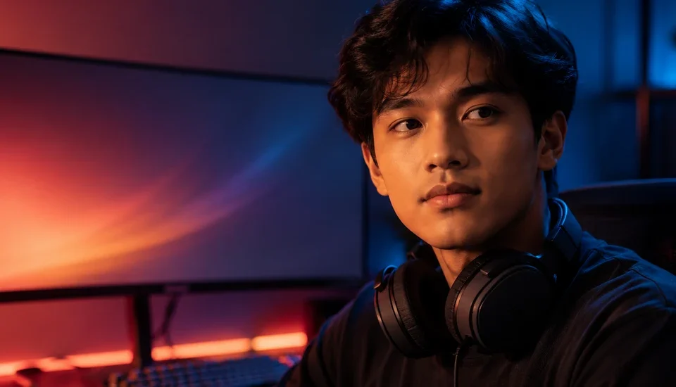 A young gamer with a headset around his neck sits at a night-time gaming desk, an ultrawide monitor and coral and blue ambient lighting behind him