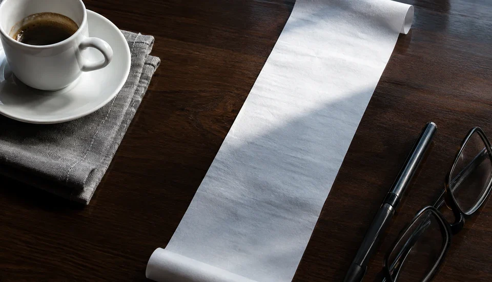 A long blank paper receipt on a dark walnut desk, half lit by a shaft of cool daylight and half in shadow, with an espresso cup, a pen and folded reading glasses beside it.
