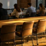 monday.com Alternatives Without a Seat Minimum: 4 Tools That Bill Per Person A row of empty leather chairs lit by late afternoon sun along the near side of a long office meeting table, with a team of six working on laptops at the far end.