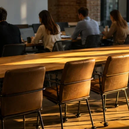 A row of empty leather chairs lit by late afternoon sun along the near side of a long office meeting table, with a team of six working on laptops at the far end.