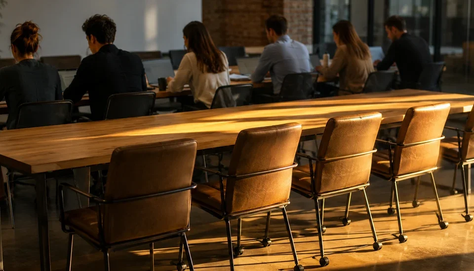 A row of empty leather chairs lit by late afternoon sun along the near side of a long office meeting table, with a team of six working on laptops at the far end.