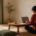 Semrush vs Ahrefs for Freelancers in 2026 A woman sits cross-legged on the floor of a sparse apartment working at a low wooden table with a laptop, notepad and mug in warm daylight